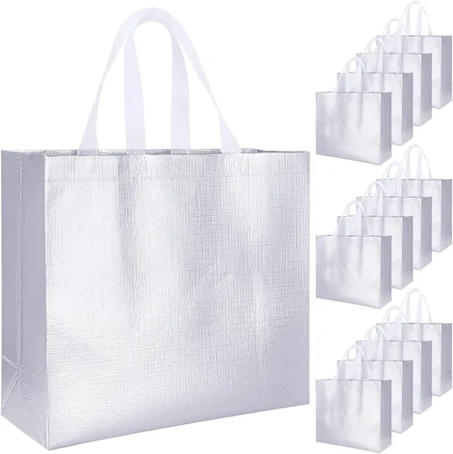 Vista 8 de 12 bolsas de regalo reutilizables, acabado brillante con asa, no tejidas, plegables para damas de honor Azul