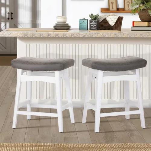 Vista 24 de ALPHA HOME Taburete de bar, taburete de cocina de silla de montar de madera maciza con cojín de tela de lino beige, taburete de bar de altura