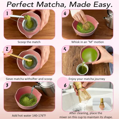 Vista 7 de Juego de 8 batidores de matcha, juego de matcha que incluye cuenco de cerámica matcha, batidor y soporte, cuchara de bambú, cuchara, tamiz, cucharas