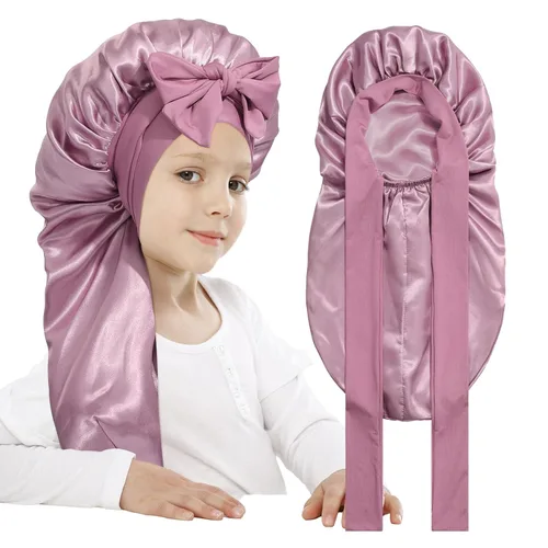 Vista 9 de AWAYTR Gorro largo de seda para dormir, gorro elástico de satén para cabello rizado, gorro de noche para niños de 3 a 12 años (negro)