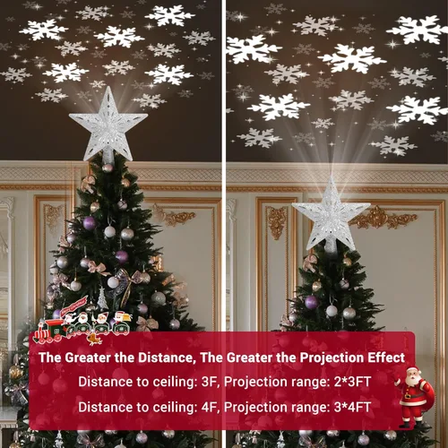 Vista 4 de Decoración para árbol de Navidad iluminada con 6 modos de proyección de patrones, estrella de Navidad, luces giratorias LED integradas, proyector