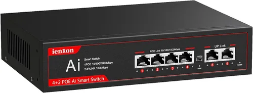 Interruptor PoE de 6 puertos, conmutador PoE Gigabit de 4 puertos con 2 puertos Gigabit de enlace ascendente, Plug and Play con detección de IA,