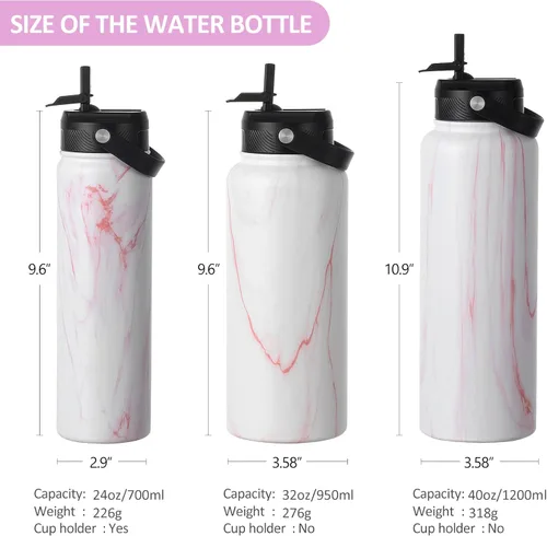 Vista 3 de BLUEGO Botella de agua de acero inoxidable aislada al vacío de 32 onzas con popote y 3 tapas, tapas con mango de boquilla, botellas de agua