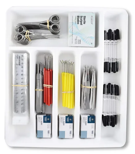 Vista 2 de 540 piezas DR Instruments DRCLS20 - Kit de disección de aula para 20/40 estudiantes, instrumentos de acero inoxidable y bandeja ranurada.