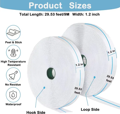 Vista 2 de Tiras con adhesivo resistente, 1.2 pulgadas x 29.5 pies, resistentes tiras autoadhesivas de doble cara, rollos de cierre adhesivo de nailon