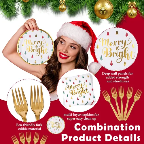 Vista 3 de Lounsweer 96 piezas de suministros para fiestas de Navidad, platos de papel y servilletas, juego de vajilla desechable, incluye platos de Navidad