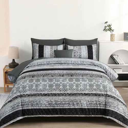 Vista 35 de Cottolester - Juego de edredón bohemio de tamaño matrimonial, 8 piezas, ropa de cama de microfibra suave en una bolsa, rayada y de color aguamarina