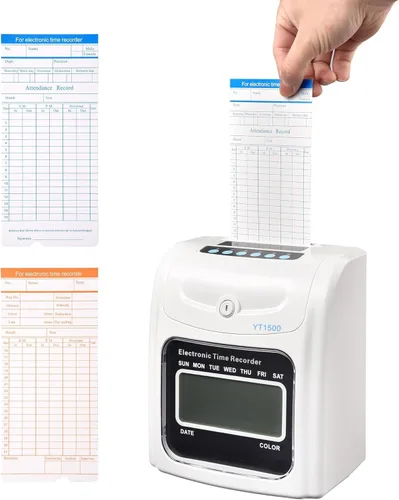 Vista 3 de Yescom Attendance Punch Time Clock Bundle - Grabadora de nómina para empleados, pantalla LCD con 100 tarjetas, 1 soporte para tarjetas de tiempo, 2