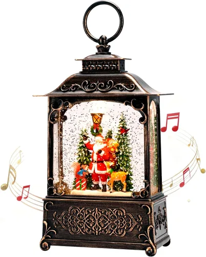 Vista 11 de Globo de nieve de aldea de Navidad, escena de Papá Noel volador iluminado, linterna musical de agua de nieve, linterna de Navidad con remolino