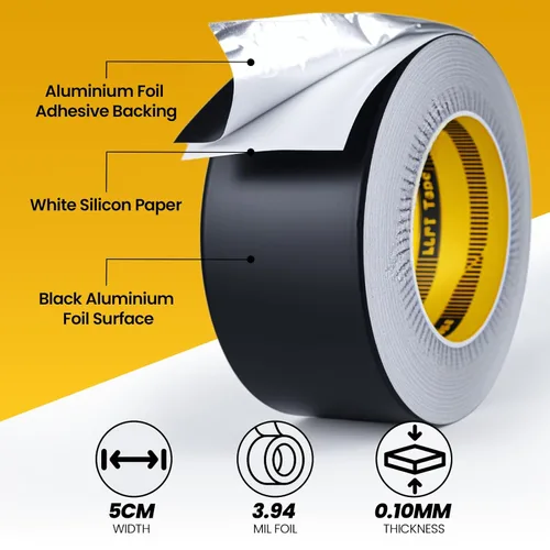 Vista 3 de Cinta de papel aluminio negro LLPT 2 pulgadas x 55 yardas 3.94 mil, adhesiva resistente para sellado HVAC, conductos de aire caliente y frío