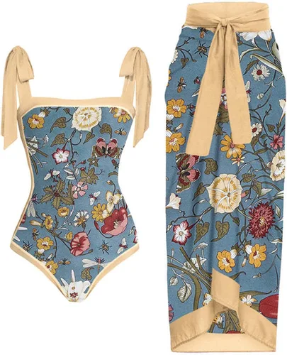 JEGULV One Piece Bathing Suit for Women with Beach Cover Up Wrap Skirt Tankini Sets 2 Piece Floral Print Swimsuit Outfits