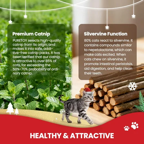 Vista 4 de Juguetes navideños para gatos – 5 juguetes de hierba gatera para gatos con temática navideña, juguete masticable con palos de vid plateada