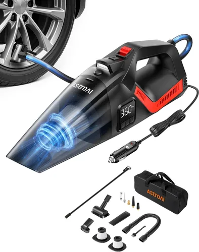 AstroAI - Aspiradora de coche 4 en 1 y compresor de aire para neumáticos portátil con accesorios, pantalla digital de doble valor, 150 PSI, bomba de