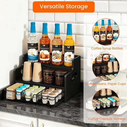 Vista 5 de Homode Coffee Syrup Organizer Rack, 3-Tier Syrup Holder Stand with 35 K Cup Storage Drawer, 8 Bottles Capacity, Wood Shelf Liquor Wine Rack for