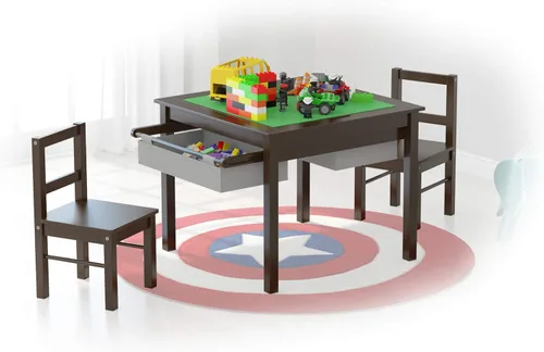 Vista 10 de UTEX - Juego de mesa de construcción para niños 2 en 1 de madera con dos sillas y cajones de almacenamiento, y placa empotrada compatible