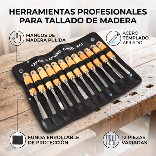 Vista 4 de Juego de herramientas profesionales para tallar madera de 12 piezas, cinceles de carpintería de tamaño completo con gubias para proyectos