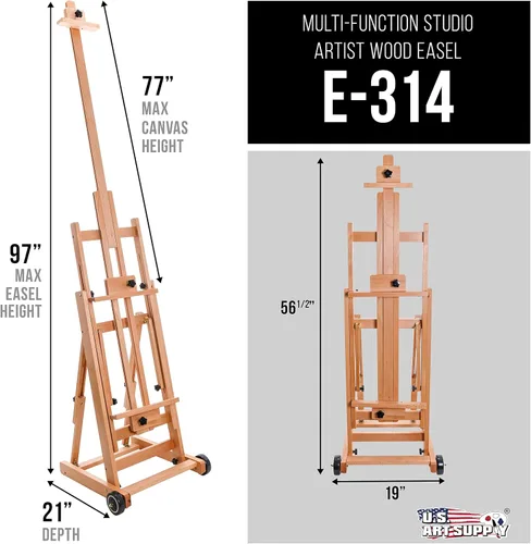 Vista 2 de U.S. Art Supply Master - Caballete de madera multifunción para artistas de estudio, marco en H ajustable y resistente, se inclina plano, el mástil