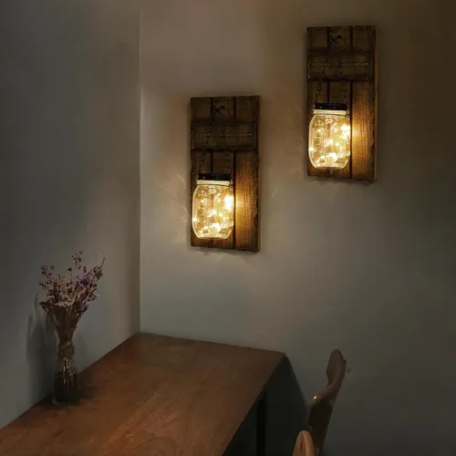 Vista 7 de Juego de 2 candelabros de pared, portavelas rústico para decoración del hogar, portavelas de madera montados en casa de campo con luces