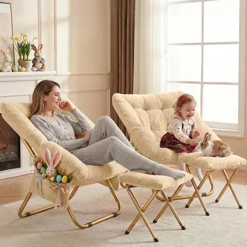 Vista 2 de Kasunpul Silla de Platillo Cómoda, Sillas Plegables para Sala de Estar, Silla de Lona de Pelo Sintético Suave para Dormitorio, Sillas de Lectura