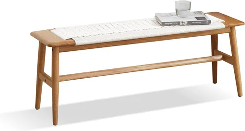 Vista 2 de Yoluckea Banco de comedor de madera de roble, banco de mesa de diseño bohemio, rectangular, sólido de 2 a 3 plazas, para cocina, comedor, sala