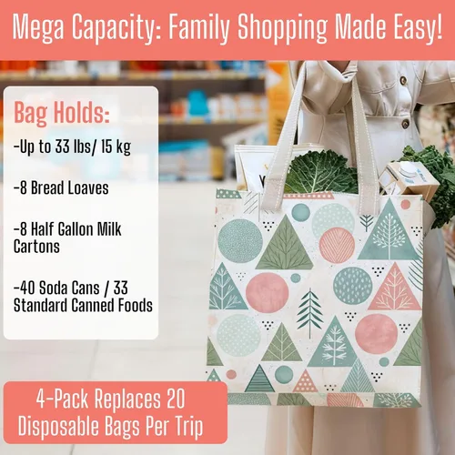 Vista 5 de VENO Paquete de 4 bolsas de comestibles reutilizables de Navidad, bolsas de compras resistentes con asas, para carrito de compras con parte inferior