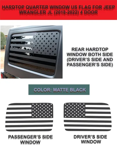 Vista 3 de Apto para Jeep Wrangler JL (4 puertas) 2018 – 2022 Calcomanías precortadas para ventana de la bandera estadounidense ambos lados Fabricado