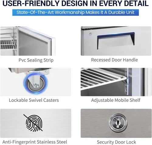 Vista 6 de Refrigerador de 27 pulgadas de ancho y 1 puerta, mesa de preparación de ensalada, refrigerador comercial de acero inoxidable con tabla de cortar, 1