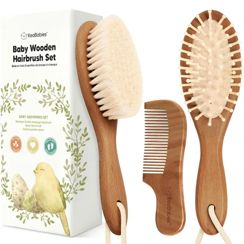 Vista 14 de Juego de cepillo y peine para cabello de bebé para recién nacidos - Juego de cepillos de madera para cabello de bebé con cerdas suaves de cabra