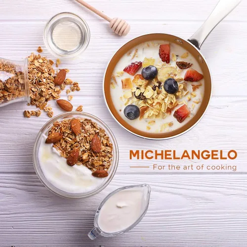 Vista 8 de MICHELANGELO Juego de cacerola de 1 cuarto + 2 cuartos de galón con tapa, sartén de cobre ultra antiadherente con tapa, olla pequeña con tapa