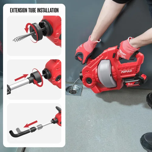 Vista 9 de POPULO - Sonda eléctrica para drenaje sin cable de 20V, 7.6m, cable reemplazable con batería de 2.0Ah, tubo de extensión y cargador, herramienta