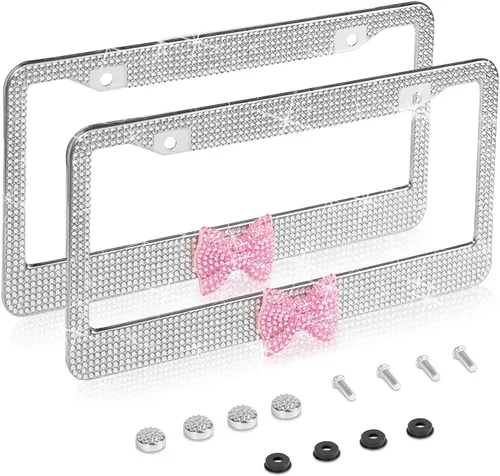 Vista 9 de Marco de matrícula con brillantes, marco de matrícula de acero inoxidable premium hecho a mano con diamantes de imitación brillantes, cristal