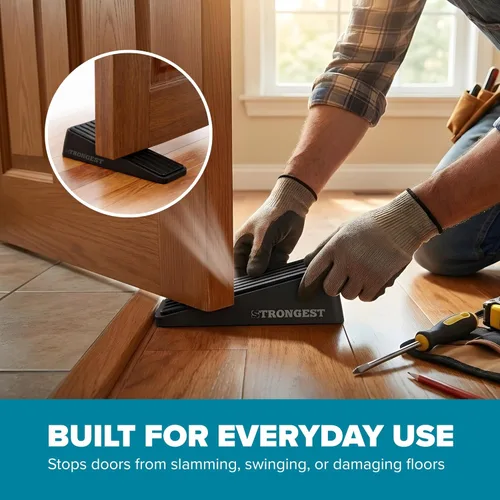 Vista 4 de Strongest Home Cuña de tope de puerta resistente (2 piezas negras), tope de puerta de goma antideslizante y metal para puertas pesadas, funciona