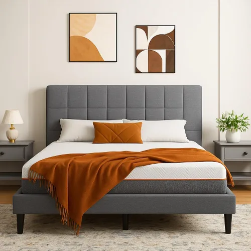 Vista 9 de Marsail Base de cama de tamaño matrimonial con cabecero, resistente y duradera con 12 patas de soporte, capacidad de 1300 libras, cabecera tapizada