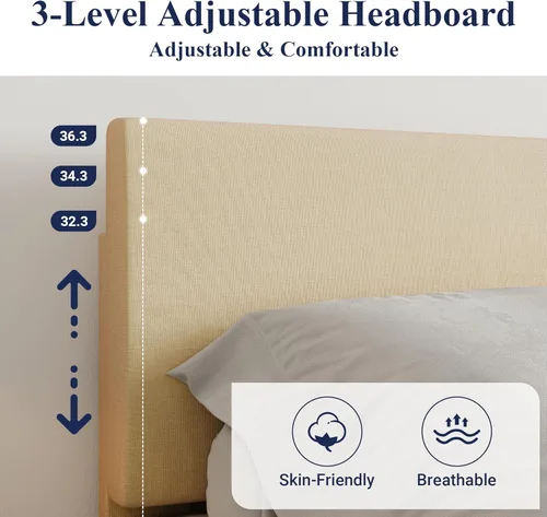 Vista 3 de Allewie Base de cama tamaño matrimonial con cabecera ajustable, cama tapizada con plataforma y listones de madera, base de colchón resistente,