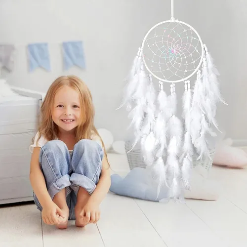 Vista 5 de Dremisland Atrapasueños de plumas blancas para colgar en la pared, elegante decoración de pared para ventanas, balcón, dormitorio, boda, fiesta, Sin