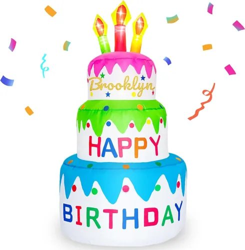 Vista 10 de DearSun Pastel inflable de cumpleaños de 4 pies de alto, pastel de cumpleaños inflable con velas iluminadas, 6 luces LED