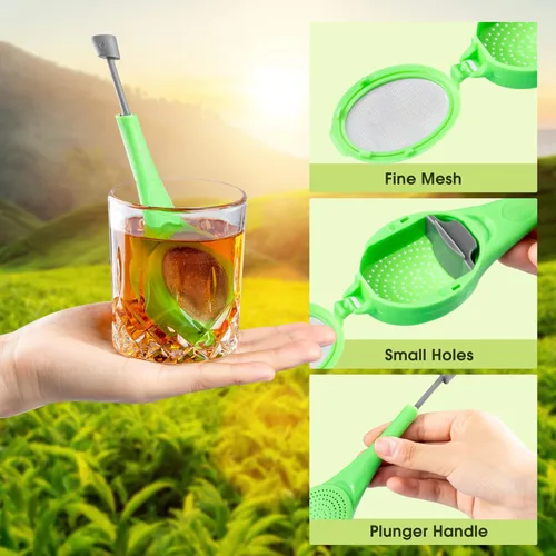 Vista 6 de VEIREN 3 filtros de té de mango largo de plástico, infusor de té de malla con émbolo integrado, reutilizables, coladores de dos lados para té