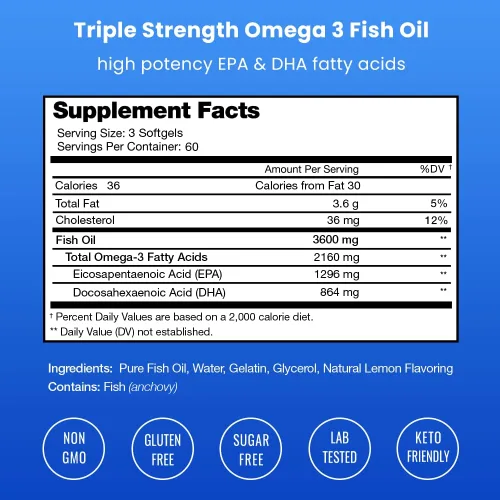 Vista 3 de Suplementos de aceite de pescado Omega 3 de 3600 mg con EPA y DHA Suplemento Omega 3 de alta potencia para apoyar el corazón, el cerebro