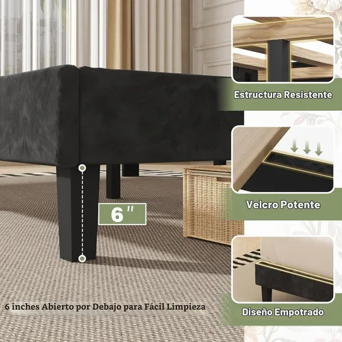 Vista 5 de SUNLEI Base de cama Queen con cabecera de almacenamiento, base de cama tapizada de terciopelo con cabecera copetuda con respaldo de alas, soporte