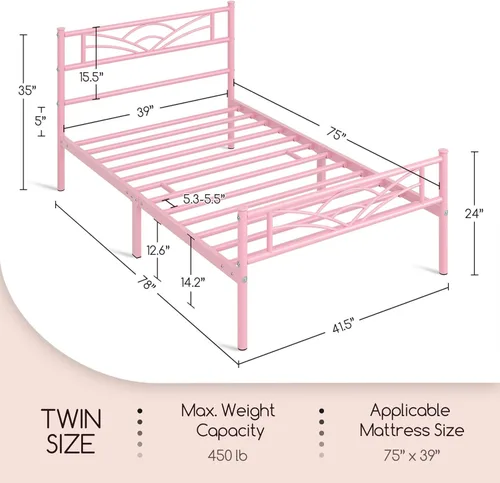 Vista 9 de Yaheetech Base de cama de tamaño individual con plataforma de metal con cabecera, estribo, amplio almacenamiento debajo de la cama, no necesita