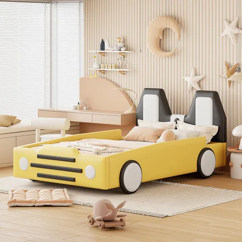 Vista 118 de Cama de plataforma en forma de auto de carreras de tamaño individual con ruedas, marco de cama de plataforma de madera con dos asientos y soporte