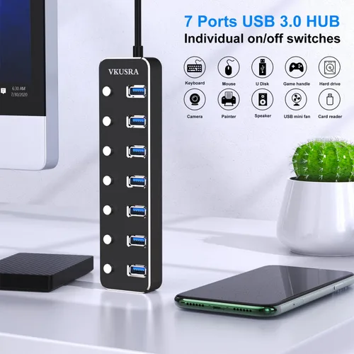 Vista 2 de Concentrador USB, concentrador USB 3.0 de 7 puertos VKUSRA con cable largo USB de 4 pies y concentrador USB 3.0 de aluminio con interruptor