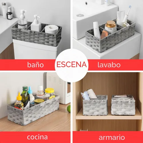 Vista 6 de Cesta de Papel para la Parte Superior del Tanque del Inodoro, Cesta Multiusos de Mimbre de Plástico Tejida a Mano, Contenedores con Divisor