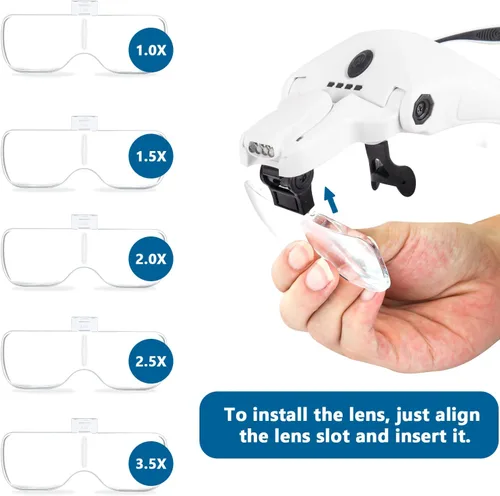 Vista 3 de Lupa de cabeza con 4 luces LED, lupa de cabeza recargable con 5 lentes desmontables 1X, 1.5X, 2X, 2.5X 3.5X - Lupa iluminada manos libres