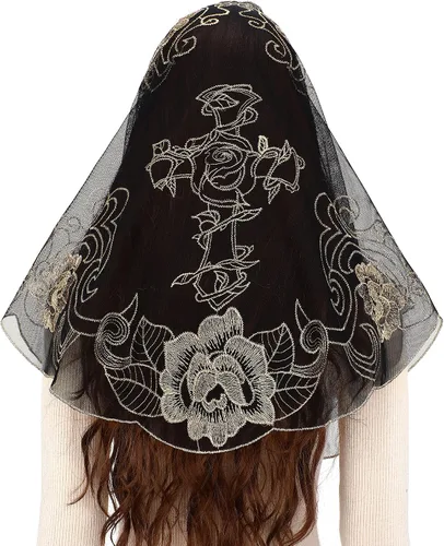 Bozidol Velo de masa católica de Mantilla Triángulo Cruz Bordado Iglesia Encaje Velo Español Capilla Masa Cabeza Cubierta con Clips