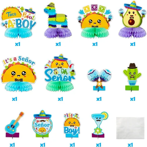 Vista 2 de Haooryx Centros de mesa de panal de abeja para revelación de género – 12 piezas de Taco Bout A Boy It's A Boy Baby Shower Decoraciones mexicanas