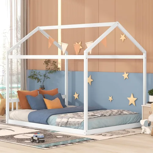 Cama Queen House de madera Montessori para niños, marco de cama de madera para niñas, niños, adolescentes y adultos, tamaño Queen, color blanco