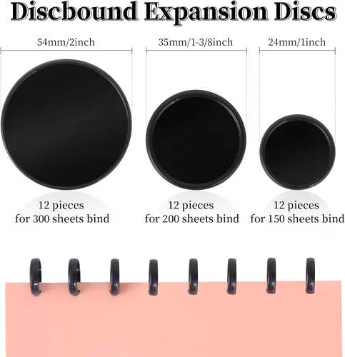 Vista 2 de 36 unidades (2 pulgadas, 1-3/8 pulgadas, 1 pulgada) discos negros de plástico, discos de expansión, cuadernos, discos de planificación, accesorios