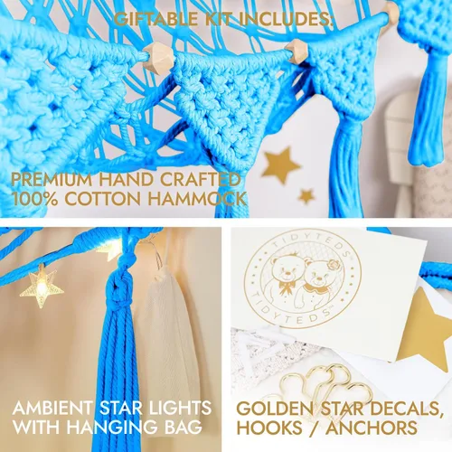 Vista 2 de TIDYTEDS Macramé DreamLights Hamaca de Red de Almacenamiento de Animales de Peluche Boho Extra Grande Soporte de Almacenamiento de Juguetes de Azul