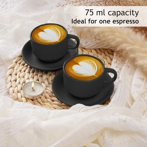 Vista 2 de MIAMIO - 6 tazas de café expreso de gres de 2.5 onzas, juego moderno de tazas con soporte y platillos - Colección Palmanova (negro)